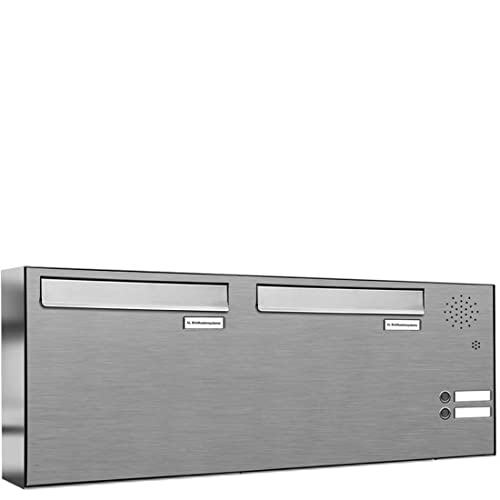 AL Briefkastensysteme 2er Briefkasten für Tür/Zaundurchwurf in V2A Edelstahl mit Klingel, 2 Fach, wetterfeste Premium Doppel-Briefkasten-Anlage modern