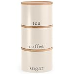 EHC Tea, Coffee, Sugar, Canister Set, Set of 3 Stackable Airtight Food Storage Easy to Open Storage Cansiters Jars Tin, Cream