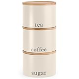 EHC Tea, Coffee, Sugar, Canister Set, Set of 3 Stackable Airtight Food Storage Easy to Open Storage Cansiters Jars Tin, Cream