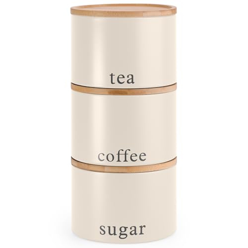EHC Tea, Coffee, Sugar Canister Collection, Set of 3 Stackable Airtight Food Storage Easy to Open Storage Containers Jars Tin, Cream