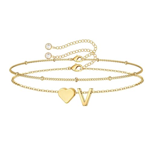 Image of M MOOHAM Easter Gifts for Kids Teens Girls - 14K-Gold-Plated Heart Initial A-Z Bracelets for Women Girl Dainty Gold Bracelets Birthday Easter Basket Stuffers Gifts for Women Teenage Girls Kids Teens