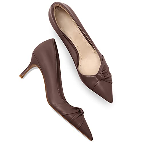 PiePieBuy Womens Pointed Toe Pumps Twist Knot Stiletto Mid Heel Faux Leather Dress Shoes Dark Brown — view 3