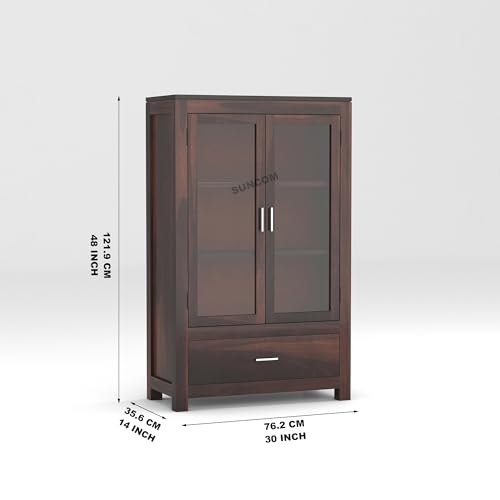 Image of SUNCOM Solid Sheesham Wood Sideboard Cabinet for Livingroom & Home Furniture - Wooden Cabinet with 2 Glass Doors & 1 Big Drawers for Storage - Designed to Display. Built to Store (Walnut Finish)