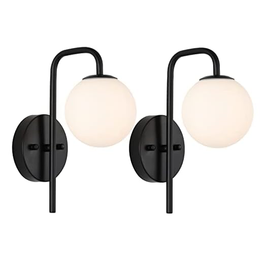 BYOLIIMA Mid Century Modern Globe Wall Lamp 2 Pack Matte Black Wall Sconce 1-Light Bathroom Vanity Lighting with White Globe Glass Lampshade for Mirror Bedroom Living Room Restaurant