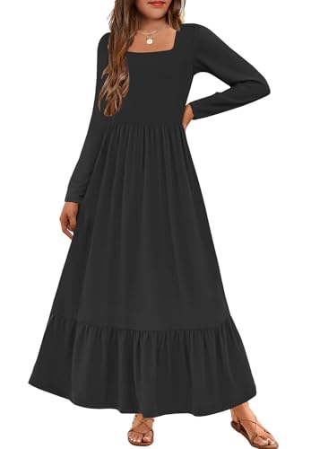 YOVION Girls Maxi Dress Fall Long Sleeve Square Neck Tiered Flowy Casual Holiday Dresses with Pockets for 6-12 Y
