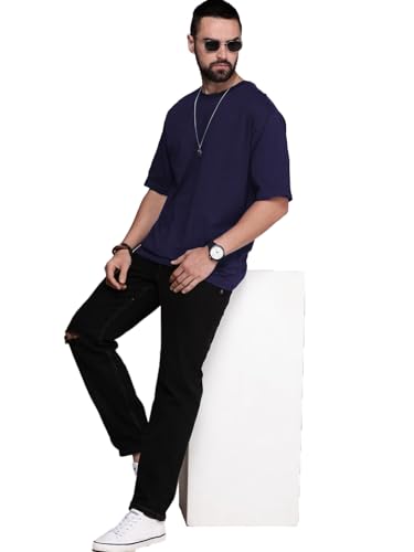 Image of LEOTUDE Half Sleeve Oversized Tshirt for Men, Round Neck Cottonblend Drop Shoulder Solid T-Shirt (Color Multicolor)