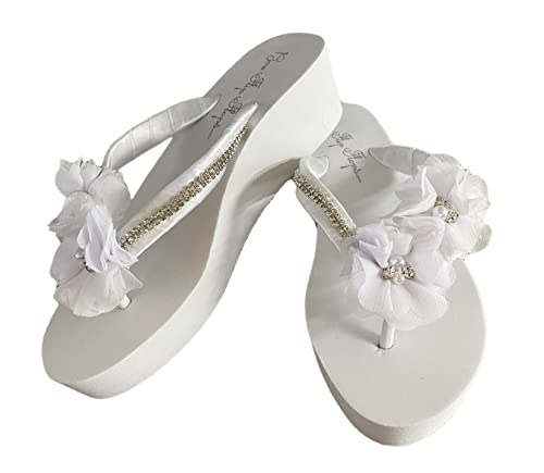 Diamond Satin Straps & Chiffon Pearl Flower Flip Flops, 3.5 Inch, 2 Inch Or 1" #TOP1