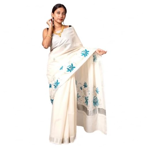 Jayaprakash Tex Kerala Cotton Saree for Women | Off White Saree with Blue Embroidery & Silver Border | Traditional Kerala Kasavu Style | Soft Lightweight Cotton | Saree with Blouse Piece