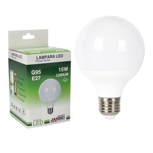 Jandei - Bombilla LED Globo 270º, G95 Rosca E27, 15W (equivalente a 100W) Luz Blanca Fría 6000K, 1200 Lúmenes, Salón, Oficina, Dormitorio, Casa, Garaje, Taller, Obra, Escaleras. Ahorro de energía.