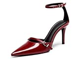 Coutgo Womens High Heels Closed Pointed Toe Ankle Buckle Strap Sexy Pumps Wedding Party Dress Shoes, Red, Size 8.5