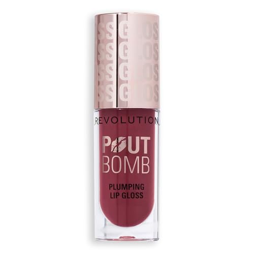 Image of Makeup Revolution Pout Bomb Plumping Gloss - Rosewood Rose Pink | 3-in-1 Lip Plumper + Gloss + Treatment | With Hyaluronic Acid, Vitamin E & Peppermint | Glass-Like Shine, Non-Sticky Finish | 100% Vegan & Cruelty-Free | 4.6ml