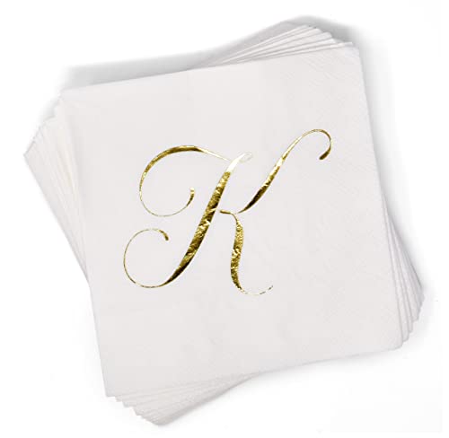 100 Gold Monogram Cocktail Napkins Letter K Disposable Paper Pack Elegant Metallic Golden Foil Hand Napkin For Powder Room Wedding Holiday Birthday Party Baby Shower Decorative Towels #TOP2