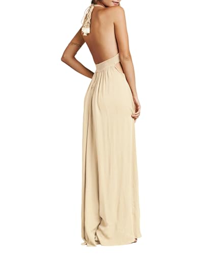 Image of R.Vivimos Boho Maxi Dresses for Women 2026 Summer Sleeveless Halter Elastic Waist Sexy Backless Front Slit Flowy Long Dresses