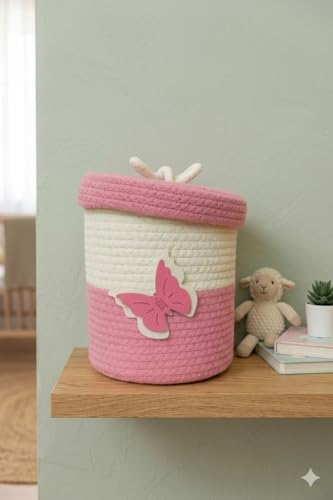 Image of Jute Basket For Storage Cotton Rope Toys Basket With Lid Handwoven Natural Foldable Laundry Hamper for Home, Office, Living Room Size 10x10 inch (pink butterfly)
