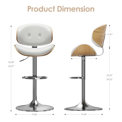 Image of Adjustable Swivel Bar Stools Chair,Counter Height Bar Stools with Back,350 LBS PU Leather Bar Stool for Kitchen Island,Upholstered Pub Stools with Footrest (White, Set of 3)