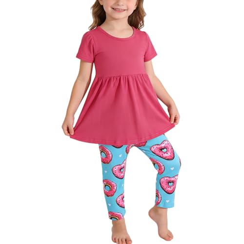 Image of Valentines Toddler Girls Pants Set Love and Heart Pink Outfits Set Ruffle T-Shirt Dress and Pants Outfit Set 3-8Y