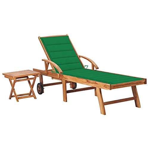 SKM Tumbona con Mesa y cojín Madera Maciza de Teca,Mobiliario,Muebles de jardín,Asientos de Exterior,Tumbonas,Verde,22.91 kg,3063026
