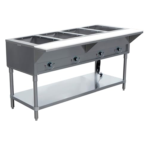 FSE 373-EST-4SW Stainless Steel Electric Steam Table with 4 Wells, 30-5/8” x 60” x 34”, Poly Cutting Board, and Stainless Steel Undershelf