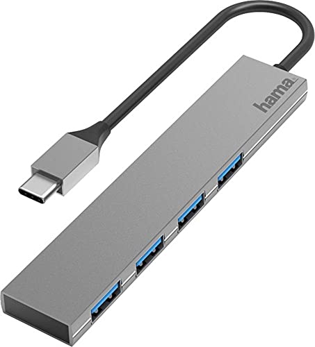 Hama USB C Hub 4 Ports (Super-Speed Datenübertragung mit bis zu 5 Gbps, 4X USB-A für Maus, USB-Stick, usw., USB 3.2 Gen1 Multiport Adapter, USB C Adapter 4in1 für Büro, Homeoffice und unterwegs) Alu