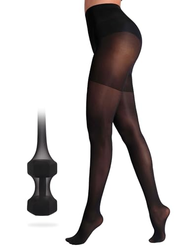 Image of Extremely Durable Sheer Black Tights for Women Ultra Strong Control Top Pantyhose with Reinforced Toes