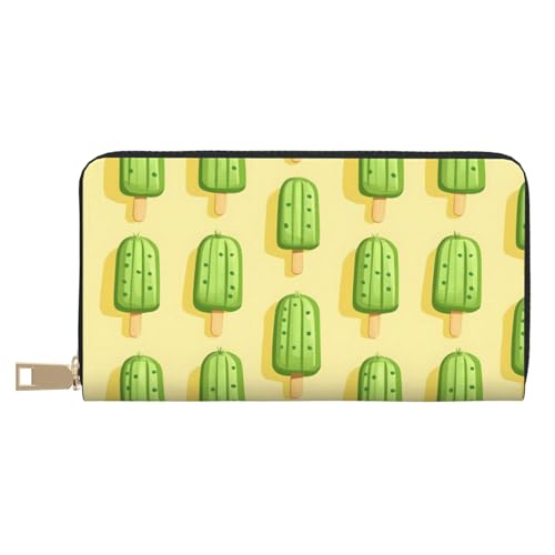 Leather Thin Slim Wallets for Women Men - Fashion Green Popsicle Print Card Wallet Holder with Zipper