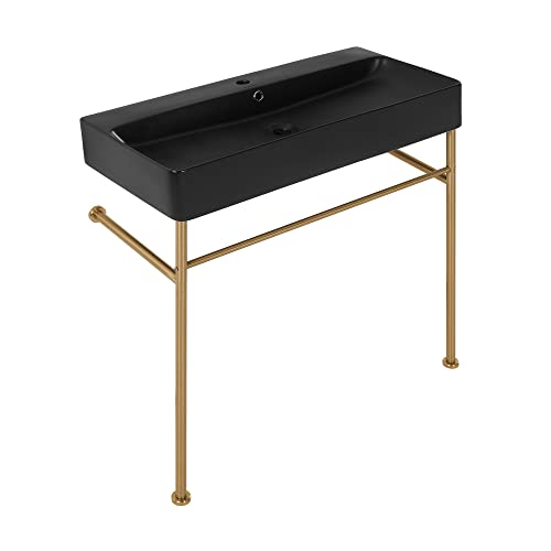 Carre 36" Ceramic Console Sink Matte Black Basin Brushed Gold Legs #TOP6