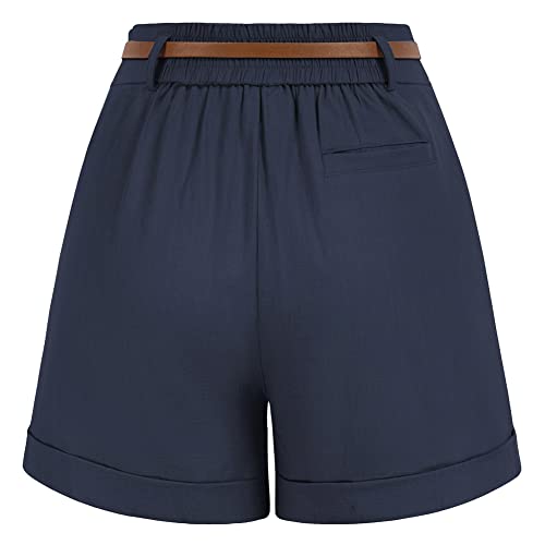 Image of Belle Poque Women Bermuda Shorts Elastic Waist Wide Leg Shorts with Pockets & Belts