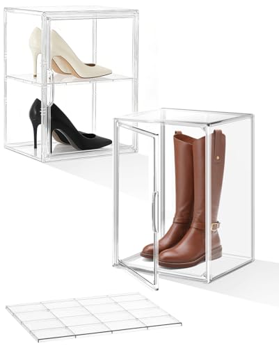 Image of XXX-Large Clear Stackable Acrylic Display with Lid & Magnetic Door - 2-Tier Adjustable Shoe Box Case 11.8'' X 9.8'' X 15.7''Organizer for Boot, Sneakers, Collectibles, Figures, Purses | 2-Pack