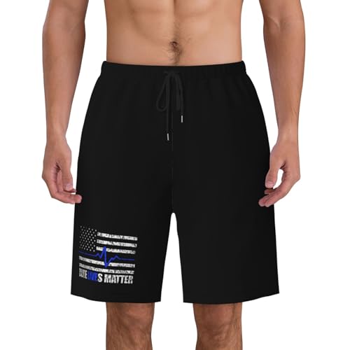 Blue Lives Matter Thin Blue Line Flag Heartbeat Mens Swim Trunks Quick Dry Board Shorts 7" - Hawaii Beach Swimwear4