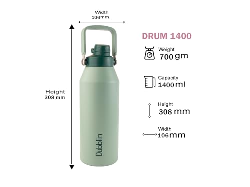Image of Dubblin Drum Water Bottle 1400 ML | Double Wall Vacuum Insulated Stainless Steel Bottle | Keeps Water Hot & Cold | No Sweat | Leak Proof | BPA Free (Green)