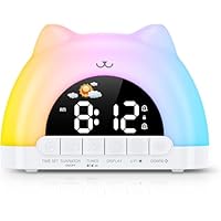 Kids Alarm Clock, Wake Up Clock with 11 Colors Night Light, Toddlers Sleep Training Clock with 12 Sounds, Brightness Adjustment, Dual Alarms Childrens Alarm Clocks, Plug in Clocks for Girls Boys