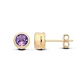 Old English Jewellers 9ct Gold on Sterling Silver 925 Natural Amethyst Round Solitaire Stud Earrings - 6.5mm Studs for Women Ladies Girls - Everyday Classic Jewellery - February Birthstone