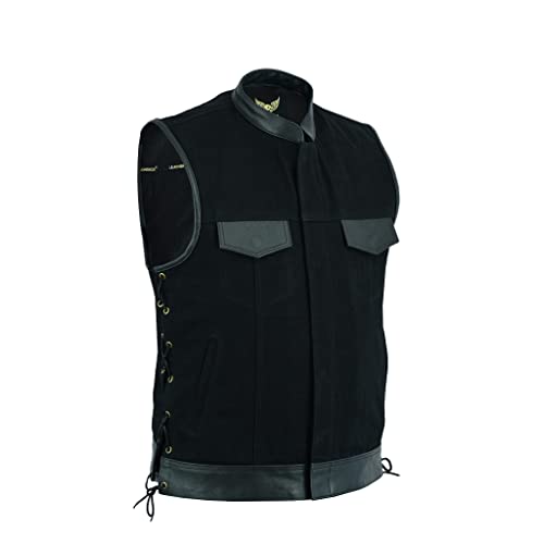 Leatherick Herren seite geschnürtes Anarchy Club Leder Trim Denim motorradfahrer Weste mit tief taschen schwarz - 5XL