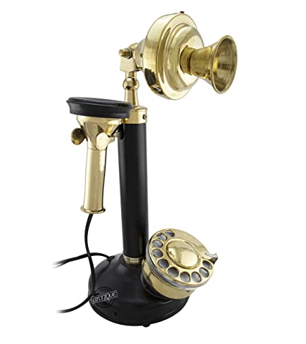Vintage Candlestick Phone Rotary Dial Telephone Wired Landline Antique Home Décor Shiny Brass & Black.