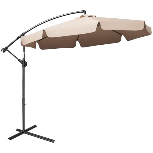 Outsunny 2.7m Garden Banana Parasol Cantilever Umbrella with Crank Handle and Cross Base for Outdoor, Hanging Sun Shade, Light Brown