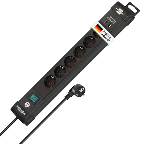 Brennenstuhl Premium-Line Steckdosenleiste 6-Fach (Mehrfachsteckdose mit 3m Kabel und Schalter, mit Aufhänge-Vorrichtung, 2-Fach USB 3,10A, Steckdosenleiste Wandmontage, Made in Germany) schwarz