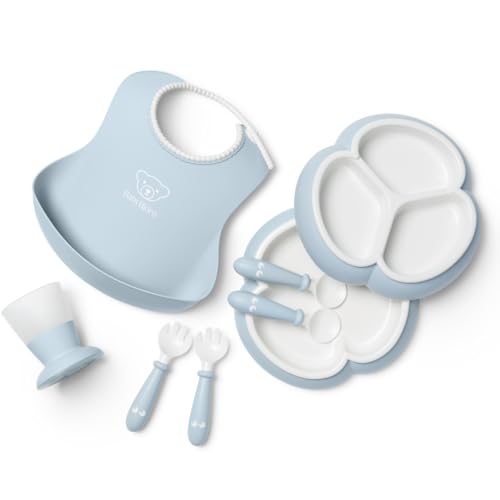 Image of BabyBjorn Dinnerware Set, 8 pcs, Powder Blue, Includes Plate,Dishwasher Safe, Toddler Feeding Set for self-Feeding or weaning