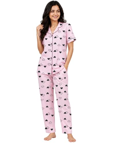 Image of Kuchipoo Women's 100% Cotton Nightwear Pajama Set | Printed Half Sleeve Button-Down Top & Full Length Pyjama | Soft Comfortable Sleepwear