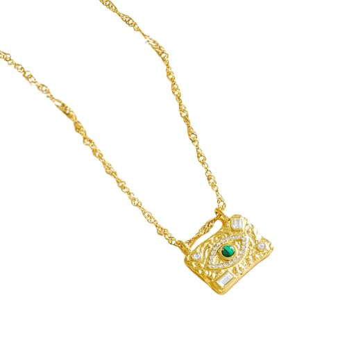 Collier oeil de malachite et zircon carré unisexe style vintage français