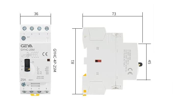Technical drawing with dimensions of the AC Contactor