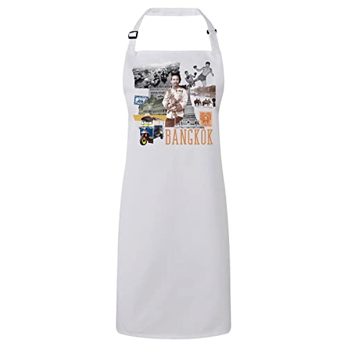 Tablier cuisine de qualité premium blanc au motif rétro Bangkok voyage