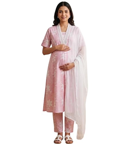 Image of DUMMY SHAPE Maternity Dresses for Women Cotton | Floral Kurta Pant Dupatta Set with Nursing Zippers, Side Pocket | Pre & Post Pregnancy | Feeding Kurti Suit | Baby Shower | Gifts for Pregnant Woman