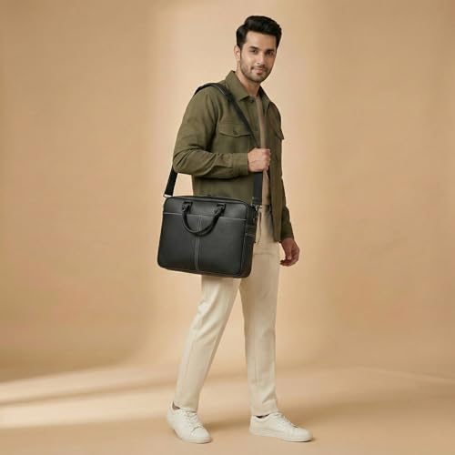 Image of Vegan Leather Laptop Messenger Bag for Men & Women | 15.6 Inch Office Shoulder Bag with Padded Laptop Compartment Multi-Pocket Work Satchel Adjustable Strap Business Bag | Alls