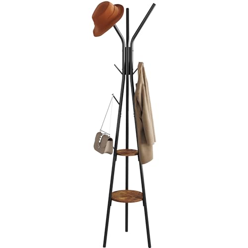 HOMEFORT Coat Rack, Coat Hanger Stand with 2 Shelves, Freestanding Hall Tree, Metal Hat Hanger with 12 Hooks for Clothes Hats and Scarves, Black and Rustic Brown,15.7 Wx15.7 Dx72.8H