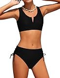 Glaoly Girls Swimsuit 2 Piece V-Neck Cutout Girl Swimwear Top High Waisted Bikini Girls Bathing Suits Size 9-10 Black