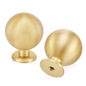 QOGRISUN 10-Pack Solid Brass Cabinet Knobs, Round Ball Gold Knobs for Dresser Drawer, 1.1-Inch Diameter, Sphere Cabinet Pulls, Brushed Brass Finish