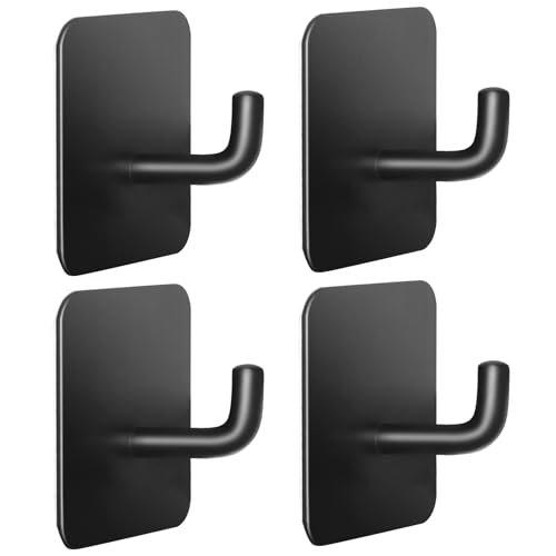 LACHILL Adhesive Hooks for Bathrooms 4 Piece Towel Hooks for Hanging Hat Robe Coat Stick on Hooks for Kitchens Strong Self-Adhesive No Damage Waterproof Stainless Steel Sticky Hook (Black)