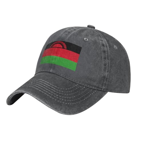 YYHWHJDE Casquette de baseball en denim délavé noir imprimé drapeau du Malawi Casquette réglable en coton respirant et léger