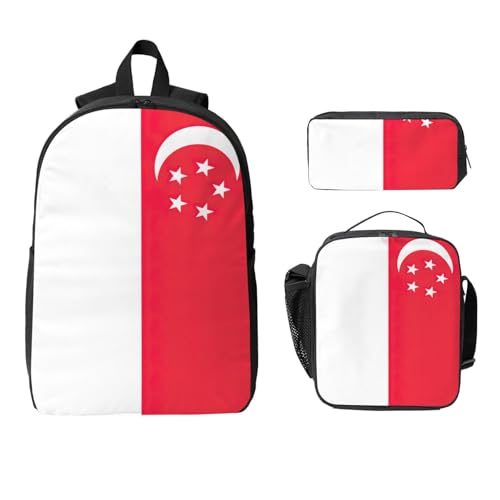 Singapore Flag print Shoulder Bookbags Lunch Bag and Pen Case 17 inches Backpack with Lunch Box, Cute Bookbag Set2