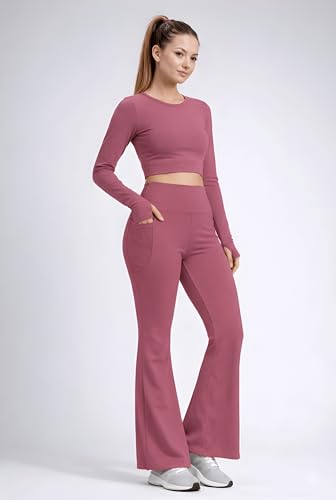 Image of PINAAK FASHION Women's Yoga Co-Ord Set | Full Sleeve Crop Top & Flared High Waist Yoga Pants with Pocket | Thumb Hole Sleeves | Bell Bottom Gym Wear Activewear Tracksuit for Workout, Running & Lounge